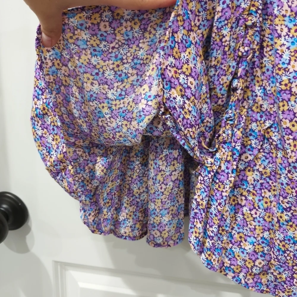 Zara Purple Blue Yellow Floral Puff Smocked Sleeve Sundress Mini, Deep Vneck, S - Picture 8 of 16